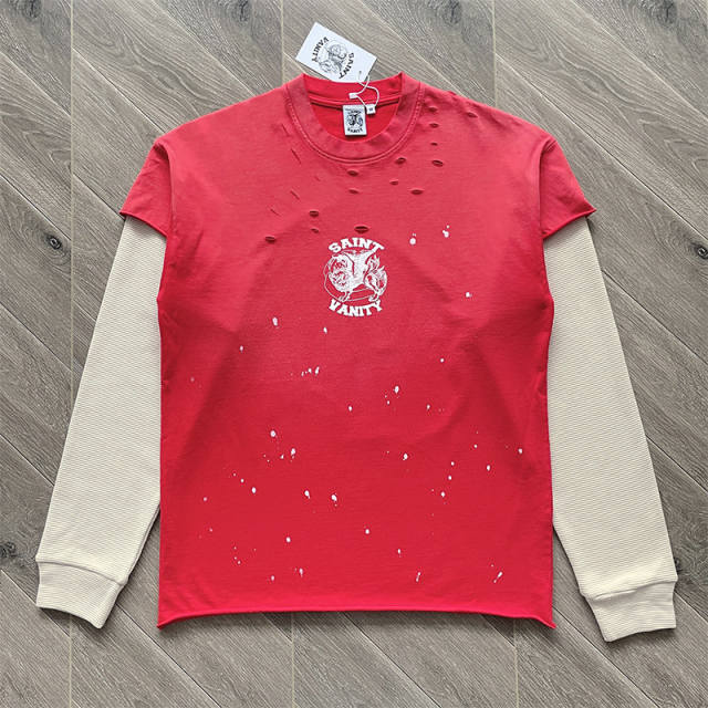 Saint Vanity Washed Vintage Distressed Fake Two-Piece Long Sleeve T-Shirt