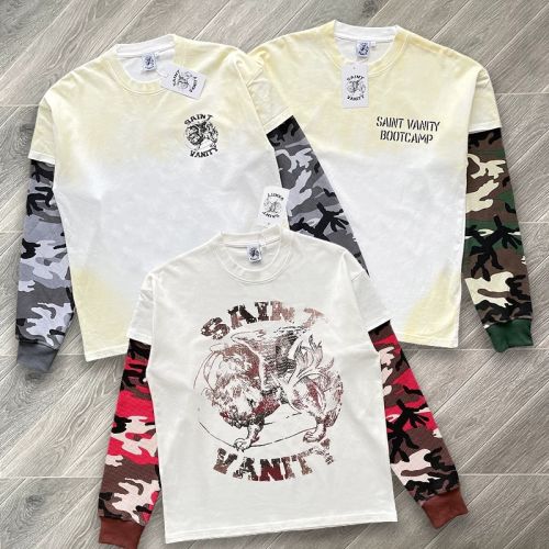Saint Vanity Camo Spliced Sleeve Fake Two-piece Long Sleeve T-shirt