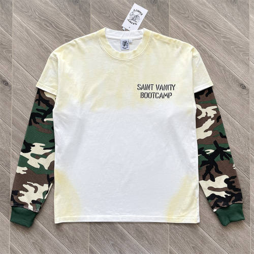 Saint Vanity Camo Spliced Sleeve Fake Two-piece Long Sleeve T-shirt