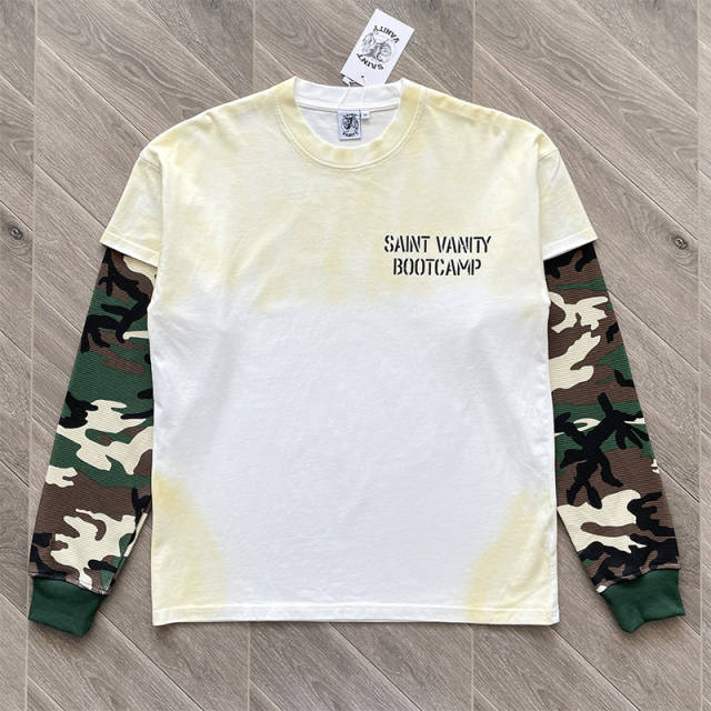 Saint Vanity Camo Spliced Sleeve Fake Two-piece Long Sleeve T-shirt