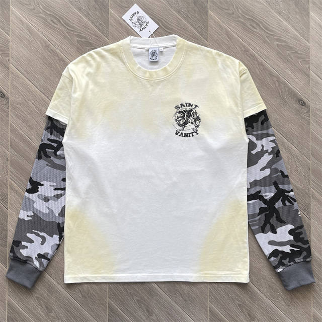 Saint Vanity Camo Spliced Sleeve Fake Two-piece Long Sleeve T-shirt