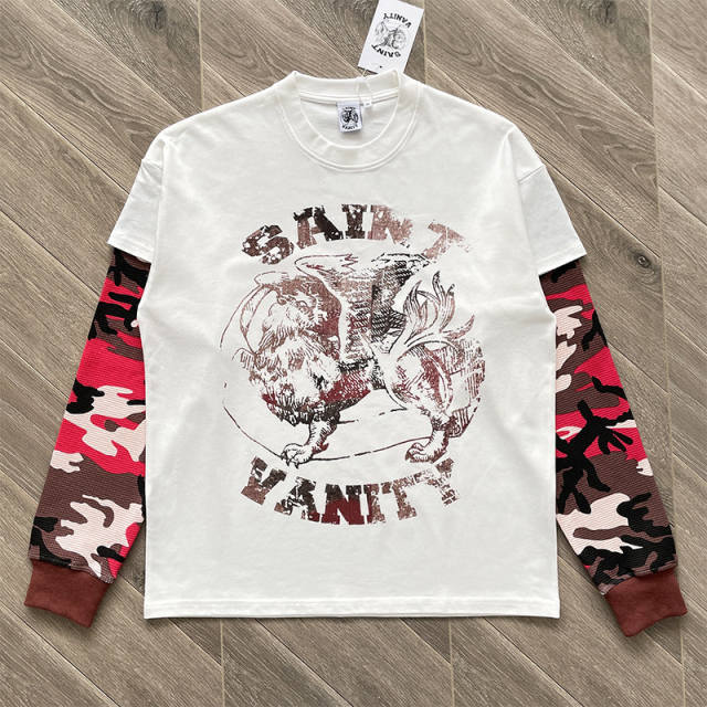 Saint Vanity Camo Spliced Sleeve Fake Two-piece Long Sleeve T-shirt