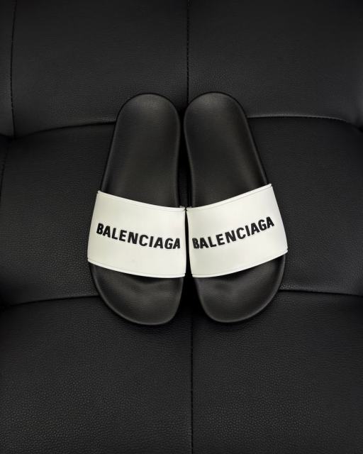 1:1 Quality BLCG White Strap Black Footbed Logo Pool Slides