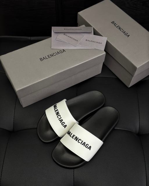 1:1 Quality BLCG White Strap Black Footbed Logo Pool Slides