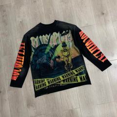 Washed Grunge Streetwear with Liberty Gas Mask & Warning Tape Print Long Sleeve T-Shirt 28758389