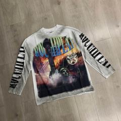 Oversized Washed White Streetwear with Liberty Fire & Roughplay Print Long Sleeve T-Shirt 29069053