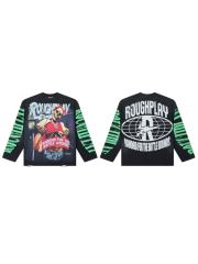 Washed Black Streetwear with Skeleton Gangster & Green Sleeve Print Long Sleeve T-Shirt 29069101
