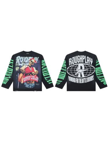 Washed Black Streetwear with Skeleton Gangster & Green Sleeve Print Long Sleeve T-Shirt 29069101