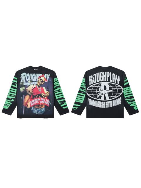 Washed Black Streetwear with Skeleton Gangster & Green Sleeve Print Long Sleeve T-Shirt 29069101