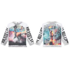 Oversized Washed White Streetwear with Liberty Fire & Roughplay Print Long Sleeve T-Shirt 29069053