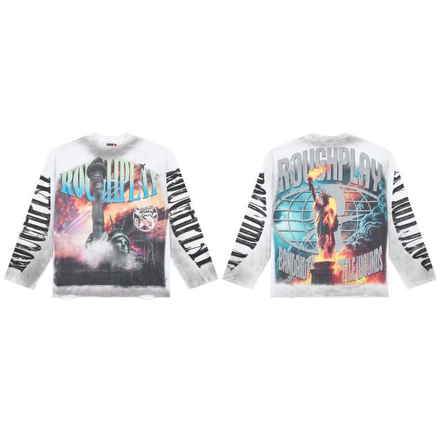 Oversized Washed White Streetwear with Liberty Fire & Roughplay Print Long Sleeve T-Shirt 29069053