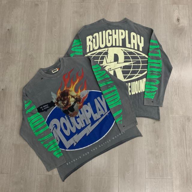 Baggy Streetwear Fire Angel & Green Sleeve Print Long Sleeve T-Shirt 2 colors 29069105
