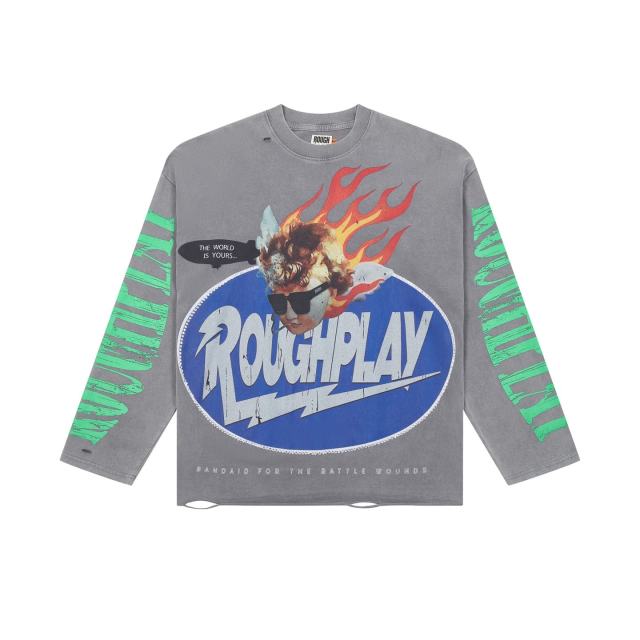 Baggy Streetwear Fire Angel & Green Sleeve Print Long Sleeve T-Shirt 2 colors 29069105
