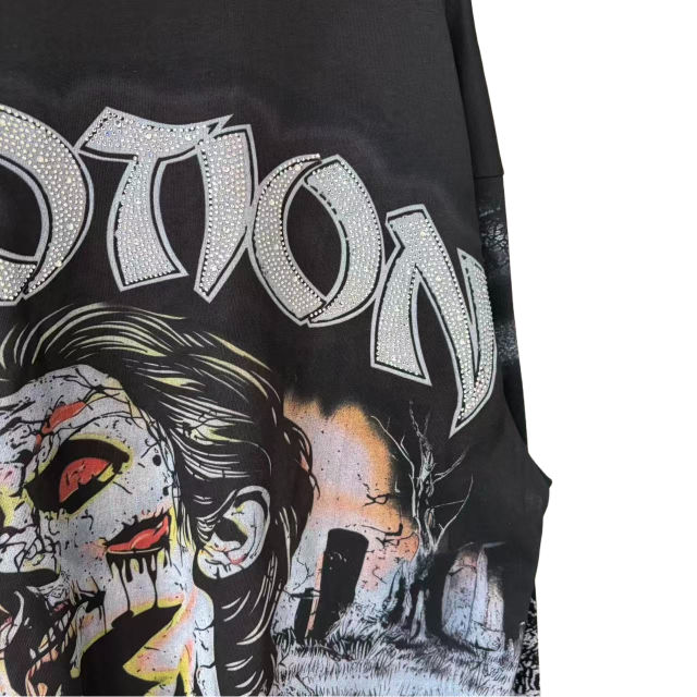 Rhinestone Letter Tombstone Zombie Print Long Sleeve T-Shirt 28700550