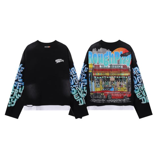 R Ruoeli Grocery Silver Hot Stamping Print Washed Version Long Sleeve T-Shirt 28758379