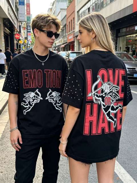 Double-sided wear love and hate Cupid rivet large logo high street lazy style T-shirt 29065224