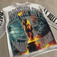 Oversized Washed White Streetwear with Liberty Fire & Roughplay Print Long Sleeve T-Shirt 29069053