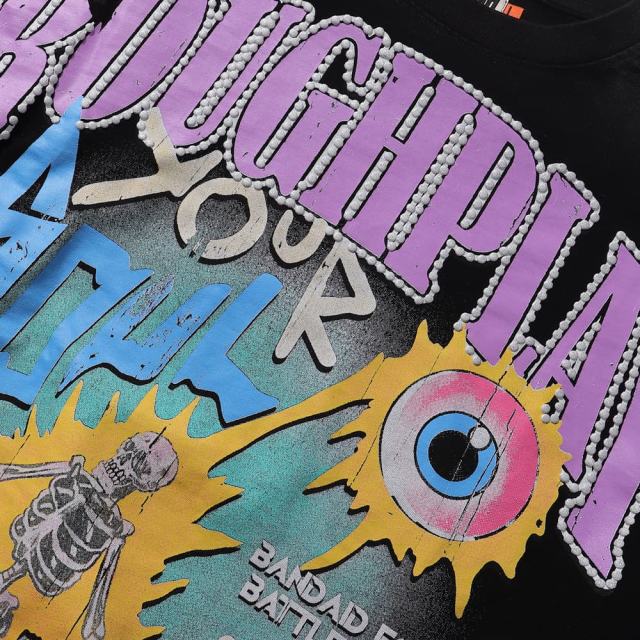Electric Shock Skull Eyeball Silver Hot Stamping Print Washed Version Long Sleeve T-Shirt 28758384