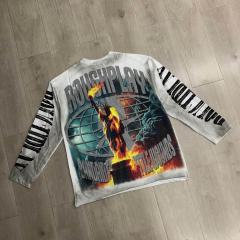 Oversized Washed White Streetwear with Liberty Fire & Roughplay Print Long Sleeve T-Shirt 29069053