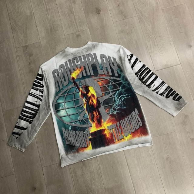 Oversized Washed White Streetwear with Liberty Fire & Roughplay Print Long Sleeve T-Shirt 29069053
