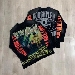 Washed Grunge Streetwear with Liberty Gas Mask & Warning Tape Print Long Sleeve T-Shirt 28758389