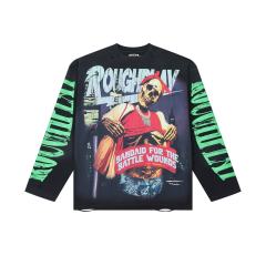Washed Black Streetwear with Skeleton Gangster & Green Sleeve Print Long Sleeve T-Shirt 29069101