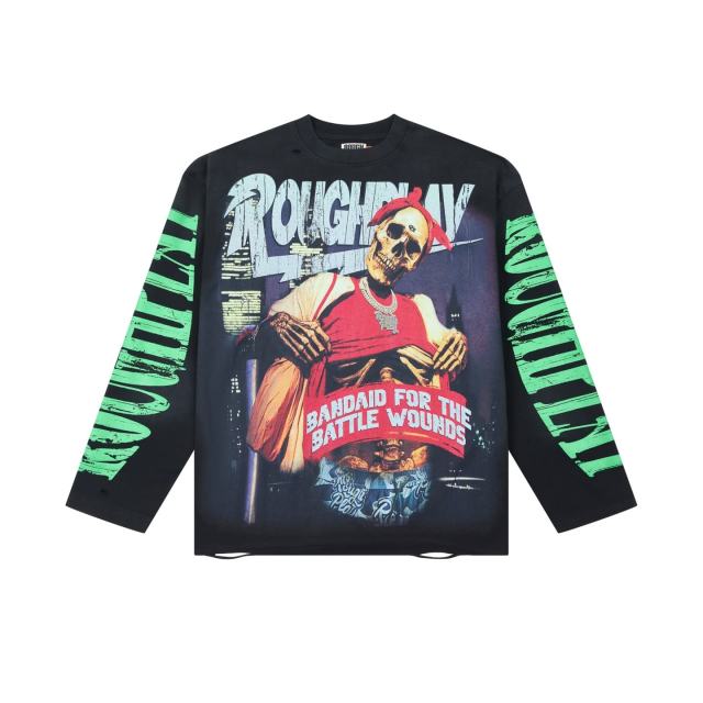 Washed Black Streetwear with Skeleton Gangster & Green Sleeve Print Long Sleeve T-Shirt 29069101