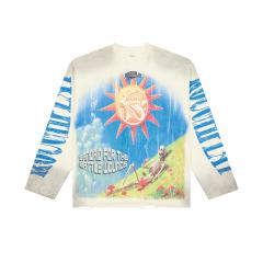 Washed Beige Streetwear with Sun Skeleton & Mushroom Graphic Print Long Sleeve T-Shirt 29069100
