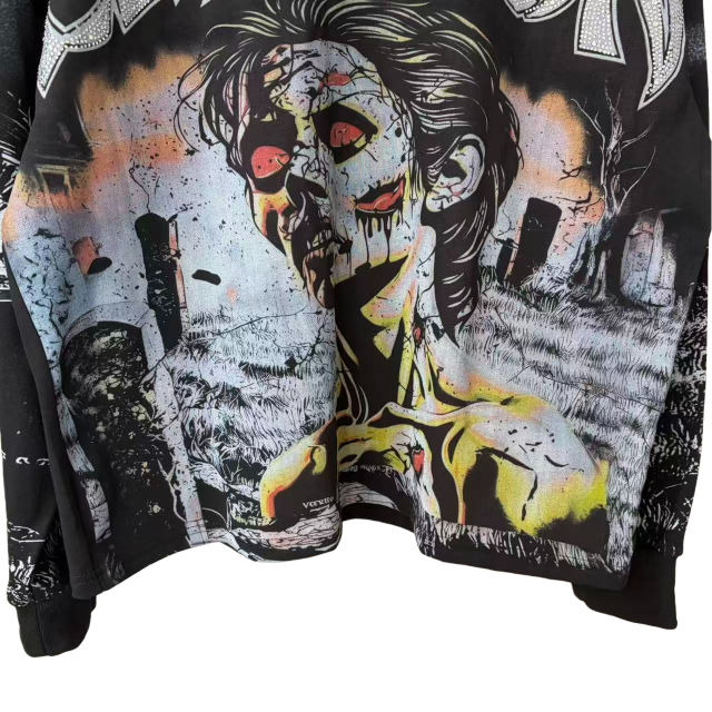 Rhinestone Letter Tombstone Zombie Print Long Sleeve T-Shirt 28700550