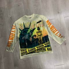 Washed Grunge Streetwear with Liberty Gas Mask & Warning Tape Print Long Sleeve T-Shirt 28758389
