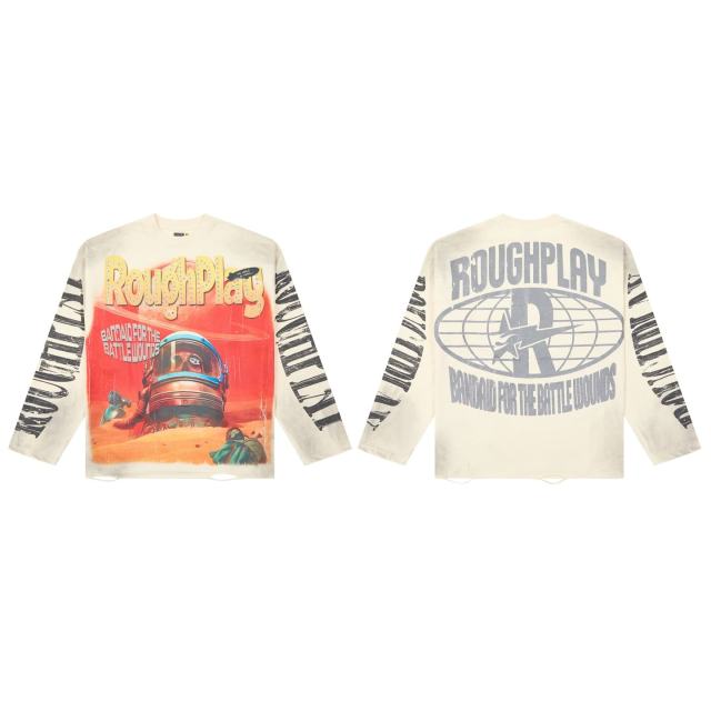Washed Cream Streetwear with Astronaut Mars Print & Roughplay Logo Long Sleeve T-Shirt 29069115