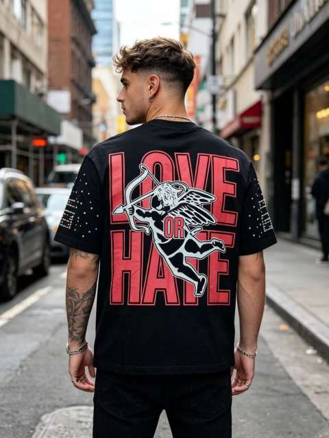 Double-sided wear love and hate Cupid rivet large logo high street lazy style T-shirt 29065224