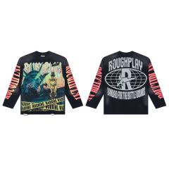 Washed Grunge Streetwear with Liberty Gas Mask & Warning Tape Print Long Sleeve T-Shirt 28758389