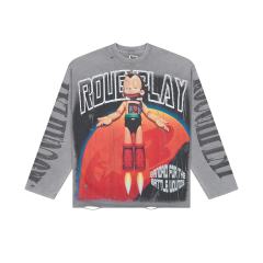 Baggy Distressed Retro Grunge with Bold Sleeve Text & Astro Boy Graphic Long Sleeve T-Shirt 29069104