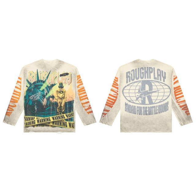 Washed Grunge Streetwear with Liberty Gas Mask & Warning Tape Print Long Sleeve T-Shirt 28758389