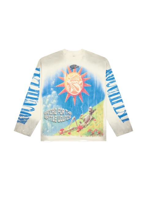 Washed Beige Streetwear with Sun Skeleton & Mushroom Graphic Print Long Sleeve T-Shirt 29069100