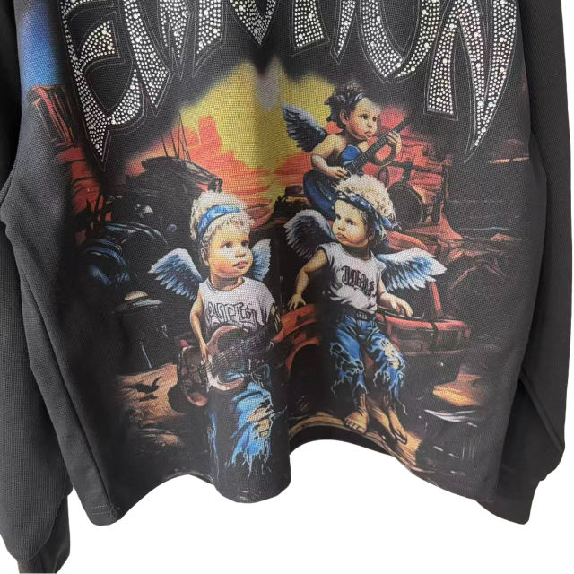 Sunrise Angel Printed Rhinestone Letter Waffle-Weave Long Sleeve T-Shirt 28700552