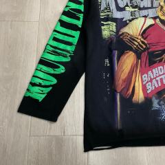 Washed Black Streetwear with Skeleton Gangster & Green Sleeve Print Long Sleeve T-Shirt 29069101