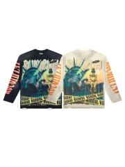 Washed Grunge Streetwear with Liberty Gas Mask & Warning Tape Print Long Sleeve T-Shirt 28758389
