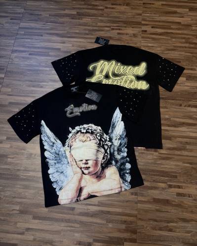 sleeve starry sky rhinestone black and white double-color loose T-shirt 2 colors 29069313