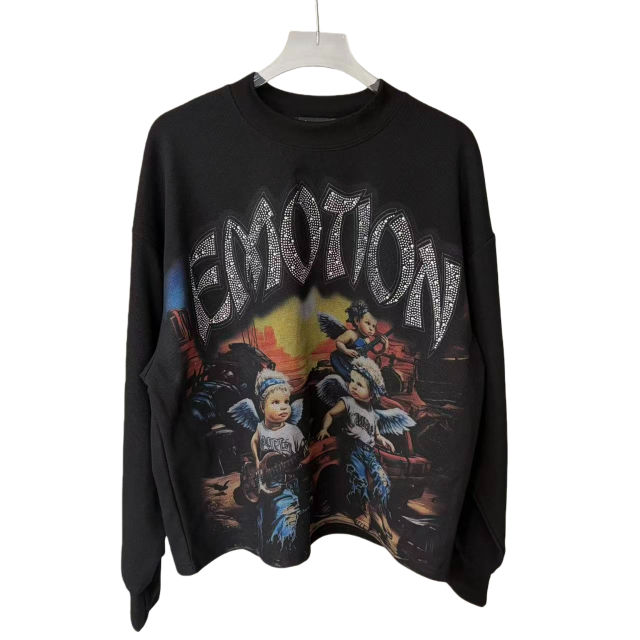 Sunrise Angel Printed Rhinestone Letter Waffle-Weave Long Sleeve T-Shirt 28700552
