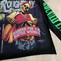 Washed Black Streetwear with Skeleton Gangster & Green Sleeve Print Long Sleeve T-Shirt 29069101