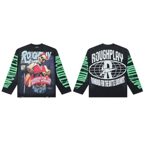 Washed Black Streetwear with Skeleton Gangster & Green Sleeve Print Long Sleeve T-Shirt 29069101
