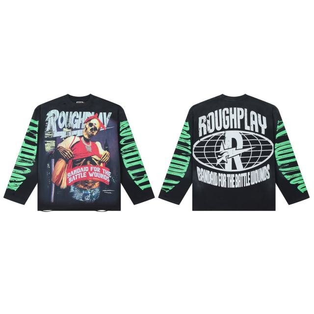 Washed Black Streetwear with Skeleton Gangster & Green Sleeve Print Long Sleeve T-Shirt 29069101