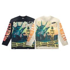 Washed Grunge Streetwear with Liberty Gas Mask & Warning Tape Print Long Sleeve T-Shirt 28758389