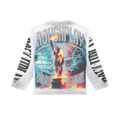 Oversized Washed White Streetwear with Liberty Fire & Roughplay Print Long Sleeve T-Shirt 29069053