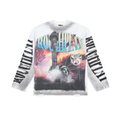 Oversized Washed White Streetwear with Liberty Fire & Roughplay Print Long Sleeve T-Shirt 29069053