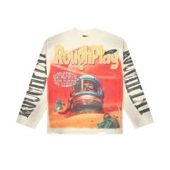 Washed Cream Streetwear with Astronaut Mars Print & Roughplay Logo Long Sleeve T-Shirt 29069115