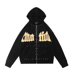 Gothic Letter Patch & Metal Rivets Full Zip Hoodie 2 colors 29107708