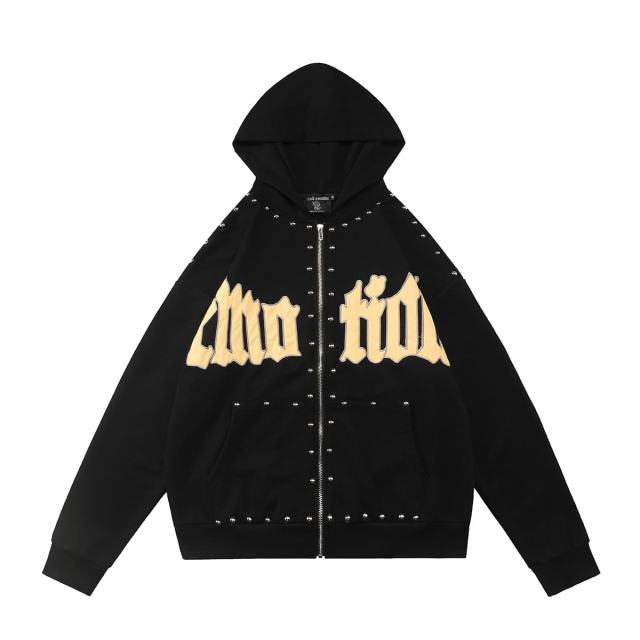 Gothic Letter Patch & Metal Rivets Full Zip Hoodie 2 colors 29107708